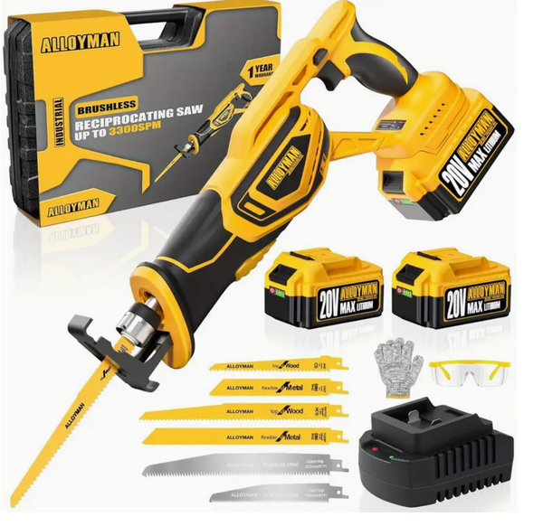 Alloyman Brushless Reciprocating Saw, 3300SPM Motor, Variable Speed, 2 x 4000mAh Batteries Powered, 6 Saw Blades,