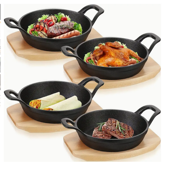 4-Piece Mini Cast Iron Frying Pans with Wooden Stands 4-Piece Mini Cast Iron Frying Pans with Wooden Stands