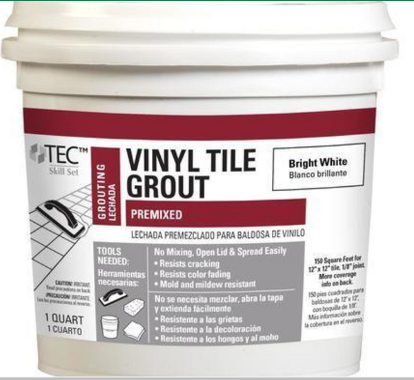 1 Quart ready to use premixed grout suitable for vinyl tiles and planks Resists cracking and color fading Bright white color for grout joints up to 3/16-in Tools needed: sponge, bucket, hard rubber grout float, towels and clean water Sets up in 24 hours for light foot traffic, fully cured for stain resistance and hardness in 7 days Clean tools and hand with warm soapy water while grout is still wet