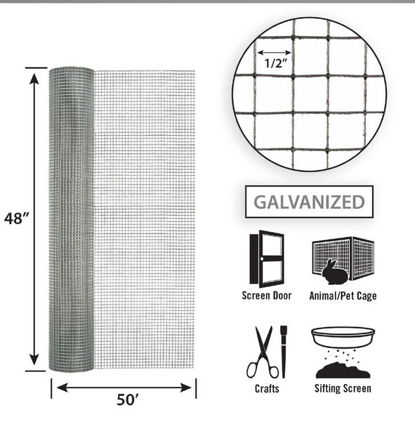 Garden Craft 48 in. H X 50 ft. L Galvanized Steel Hardware Cloth 1/2 in.(PKGDAMAGED) Garden Craft 48 in. H X 50 ft. L Galvanized Steel Hardware Cloth 1/2 in.(PKGDAMAGED)