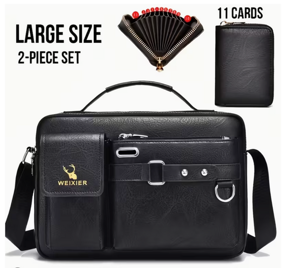 Men's Shoulder Bag Crossbody Bag - 2pcs Set with Multi-Card Slot Wallet | Business Satchel & Casual Handheld Single Shoulder Bag  Black