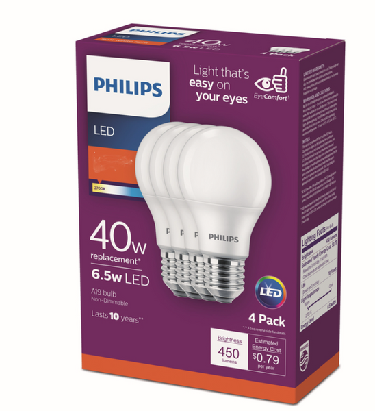 Philips A19 E26 (Medium) LED Bulb Warm White 40 Watt Equivalence 4 pk Philips A19 E26 (Medium) LED Bulb Warm White 40 Watt Equivalence 4 pk