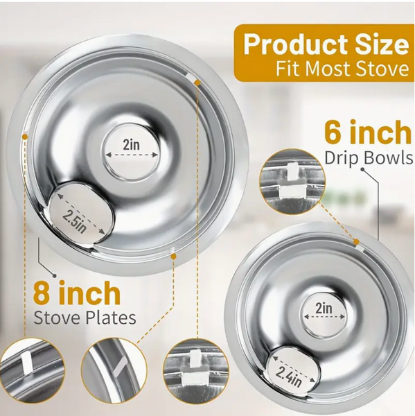 4-Pack Stainless Steel Grill Drip Trays – 6-Inch & 8-Inch Electric Stove Burner Covers – Heavy-Duty, Easy-Clean Grease Pans – Rustproof & Dishwasher Safe