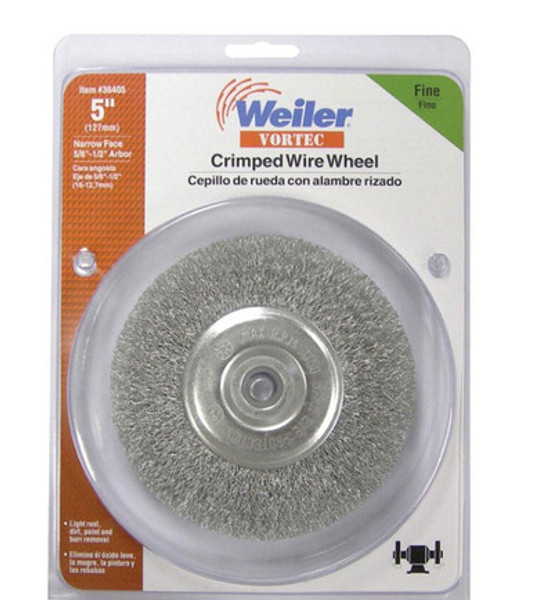 Weiler Vortec 5" Fine Crimped Wire Wheel – Carbon Steel | Bench Grinder & Angle Grinder Attachment | High-Speed Deburing, Cleaning, Polishing | Durable Abrasive Brush