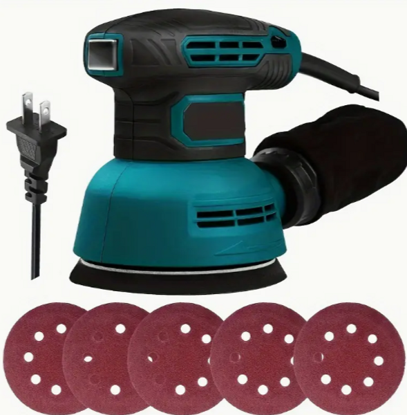 Electric Sander with Multi-Layer Bag - Variable Speed Disc & Rail Sander, 8-Piece Sandpaper Set - Compact Woodworking Tool for Smoothing & Polishing