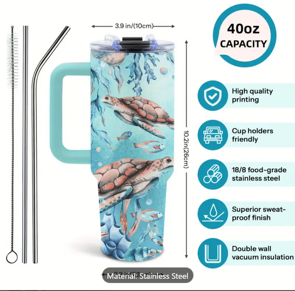Sea Turtle 40oz Stainless Steel Tumbler with Handle And Straw Sea Turtle 40oz Stainless Steel Tumbler with Handle And Straw