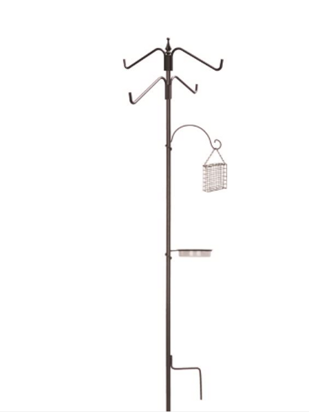 Panacea 85 in. Tall Bird Feeder Hook Station | 4-Hook Design | Bird Bath & Suet Cage Included | Tubular Steel | BOX DAMAGED