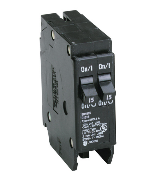 Eaton BR 15/15A Tandem Breaker - 1" Duplex 2-Pole | Vintage Panel Replacement (Pre-1968) | Non-Circuit Limiting | No Rejection Tab | Type BR Load Centers