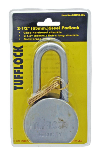 TuffLock 65mm Heavy Duty Hard Steel Padlock - Case Hardened Cut-Resistant 2-1/2" Shackle - Stainless Steel Body - Solid Brass Cylinder - Includes 3 Keys - High Security Lock for Gates, Sheds & Industrial Use