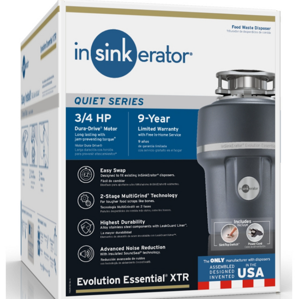 InSinkErator Evolution Essential 3/4 HP Garbage Disposal – Compact Continuous Feed Kitchen Waste Disposer with Power Cord, Quiet Performance, Space-Saving Design for Small Households