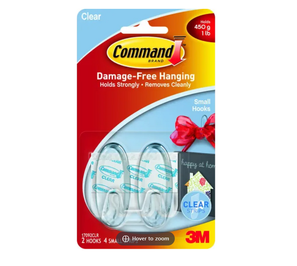 3M 17092CLR Command Adhesive Hook, 1 Pound, 2-Hook, Plastic, Clear 3M 17092CLR Command Adhesive Hook, 1 Pound, 2-Hook, Plastic, Clear