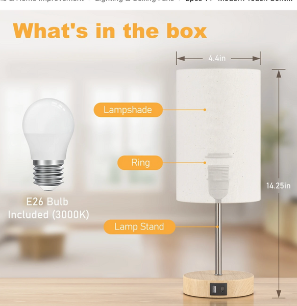 14" Modern Touch Control Table Lamp – 3-Way Dimmable, Dual USB Charging Ports, Soft Warm 3000K Light