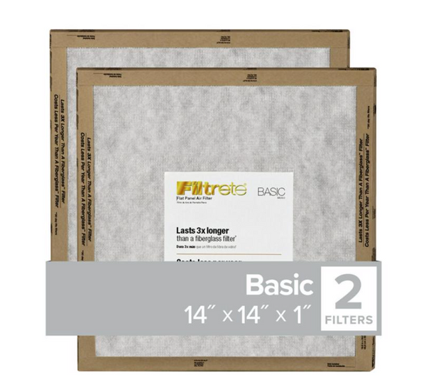Filtrete 14 in. W x 14 in. H x 1 in. D Synthetic Flat Panel Air Filter, 2-Pack – MERV 2, Washable & Reusable