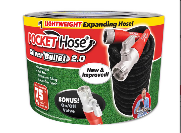 Pocket Hose Silver Bullet 2.0 – 75 ft. x 3/4 in. Expandable Flexible Garden Hose – Medium Duty, Kink & UV Resistant, Aluminum Fittings, Nozzle & On/Off Valve Included