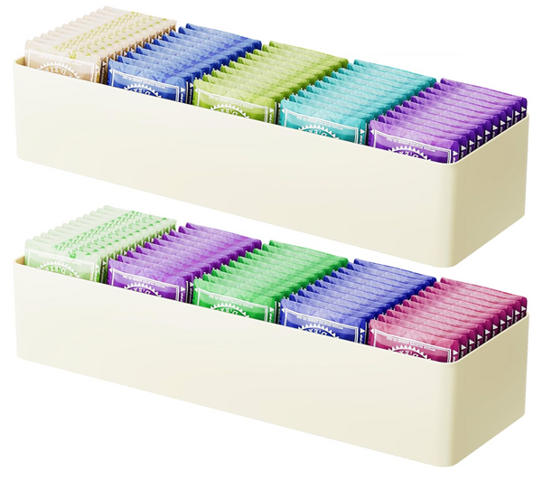 NiHome Tea Bag Organizer with 5 Adjustable Compartments for Tea Bags, Sugar Packets, Creamers, Small Items, Customizable Compact Box Holds Up to 40 Packets for Drawers, Cabinets, Countertops (2PCS)