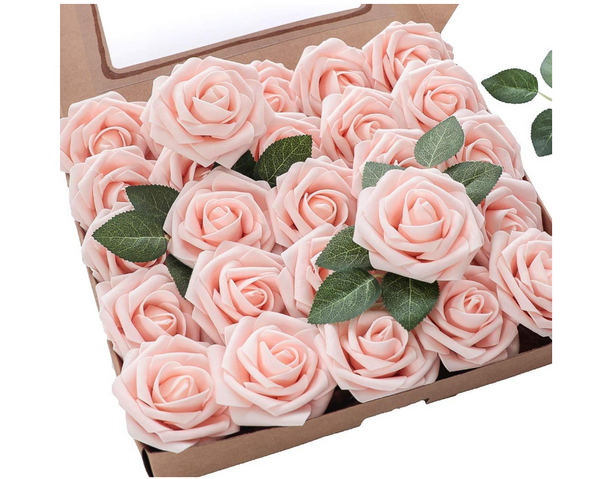 Floroom Artificial Flowers 25pcs Real Looking Blush Foam Fake Roses with Stems for DIY Wedding Bouquets Bridal Shower Centerpieces Party Decorations