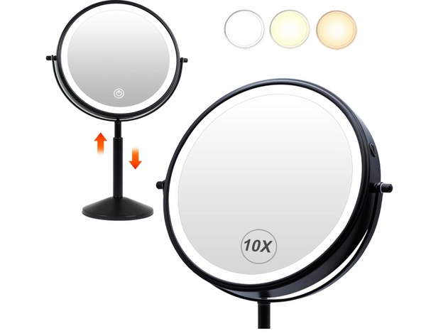 9" Large Black Lighted Makeup Vanity Mirror – Height Adjustable Tabletop Mirror with 10X Magnification, 3 Color LED Lighting, 3000mAh USB Rechargeable Battery