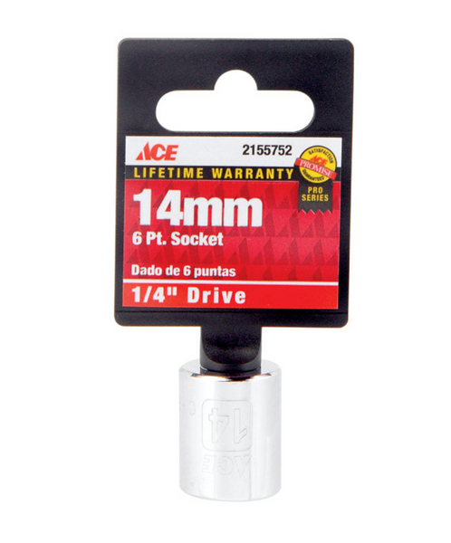 Ace 14mm 1/4" Drive Metric Socket – 6 Point Chrome Socket for Automotive, Home & Professional Use (Carded)