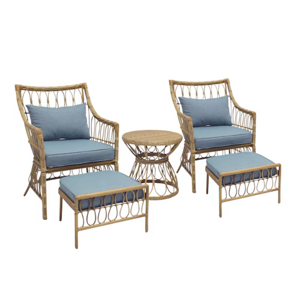 Style Selections Lilywood 5‑Piece Woven Patio Conversation Set – 2 Chairs, 2 Tuck‑Away Ottomans, Side Table, All‑Weather Wicker, Aquamarine Cushions, Steel Frame