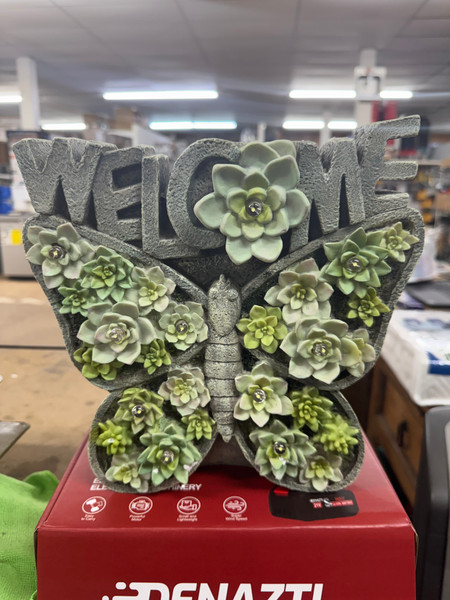 Meadow Creek “Welcome” Butterfly & Succulents Solar Decor – 10" H, Green Polyresin, Outdoor Garden/Patio Accent, Auto LED Light
