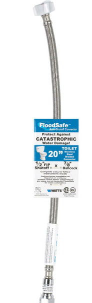 Watts FloodSafe Toilet Supply Line – 20" PVC, 1/2" Ballcock × 7/8" Ballcock, Stainless Steel Braided, Auto‑Shutoff Valve, Corrosion Resistant
