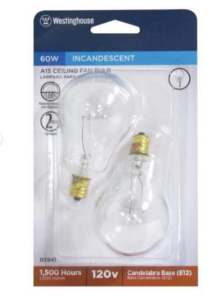 Westinghouse 60W A15 Candelabra Clear Fan Bulb – 03941, 12-Pack (6 Cards of 2), Ceiling Fan & Appliance Lighting Westinghouse 60W A15 Candelabra Clear Fan Bulb – 03941, 12-Pack (6 Cards of 2), Ceiling Fan & Appliance Lighting