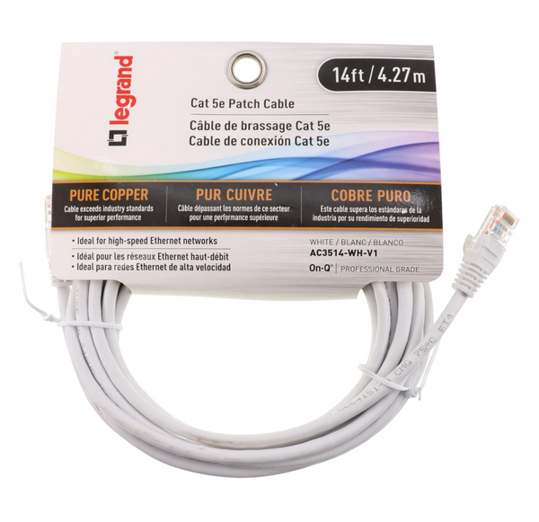 Legrand On-Q 14-ft Cat 5E Ethernet Cable – White, Snagless Design, 100 MHz, 10 Gigabyte Support Legrand On-Q 14-ft Cat 5E Ethernet Cable – White, Snagless Design, 100 MHz, 10 Gigabyte Support