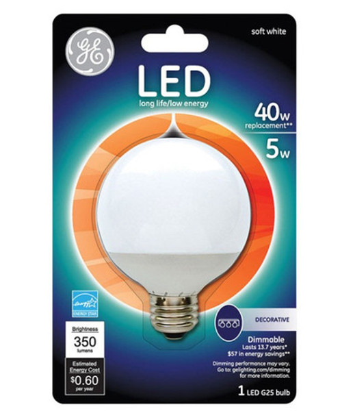 GE G25 E26 LED Globe Bulb – Soft White, 40W Equivalent, Dimmable, Energy-Efficient GE G25 E26 LED Globe Bulb – Soft White, 40W Equivalent, Dimmable, Energy-Efficient