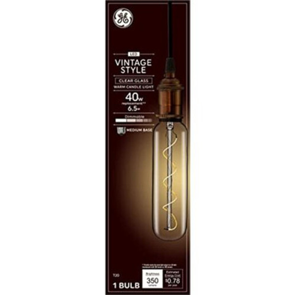 GE Vintage Style T20 LED Light Bulb – Spiral Filament, 6.5W (40W Equivalent), Dimmable, Clear Glass, Medium Base GE Vintage Style T20 LED Light Bulb – Spiral Filament, 6.5W (40W Equivalent), Dimmable, Clear Glass, Medium Base
