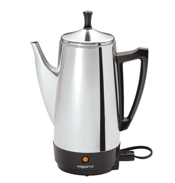 Presto 12-Cup Stainless Steel Percolator – 800W Coffee Maker, Signal Light, Keeps Coffee Hot (New, Box Damaged)