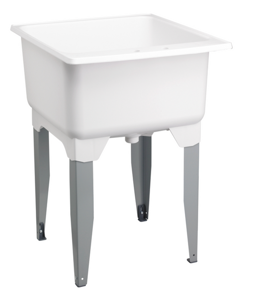 Mustee Utilatub 23″ W x 25″ D 20-Gal Polypropylene Laundry Tub – Single Basin Utility Sink with Legs & Strainer Basket, White