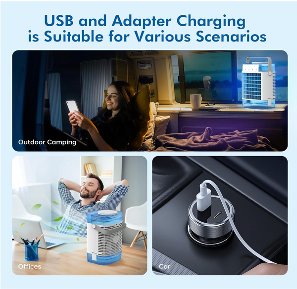 RCCVEI 3-Speed Portable Evaporative Air Cooler – Double Tank Mini AC with Timer, 7-Color Night Light & 2 Mist Modes – Blue