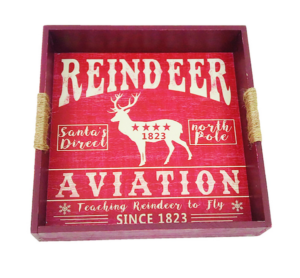 Celebrations Red Reindeer Wood Tray – 13″ Tabletop Accent