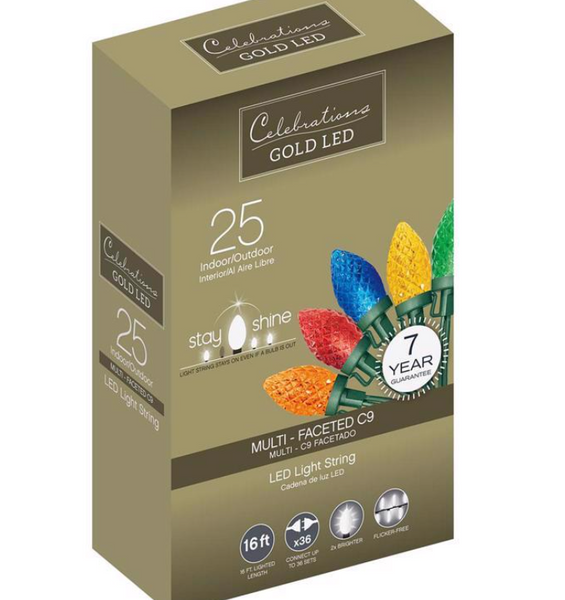 Celebrations Gold LED C9 Multicolored 25 ct String Christmas Lights 16 ft.