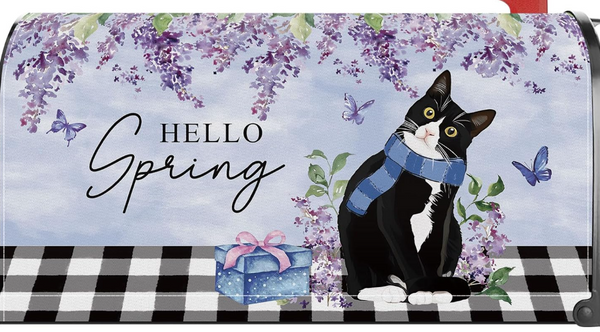 Spring Cat Lavender Floral Mailbox Cover Magnetic Standard Size 21x18 Inch