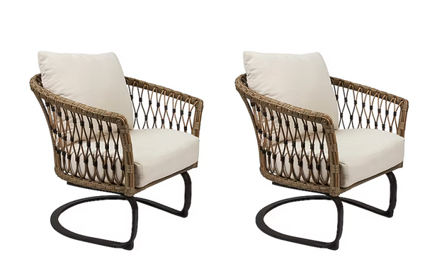 Style Selections Avery Station Set of 2 Wicker Brown Steel Frame C-spring Conversation Chair and 2 Ottomans with Cream Cushioned Seat