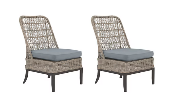 allen + roth Pointe Break Set of 2 Wicker Brown Steel Frame Stationary Dining Chair with Blue Cushioned Seat