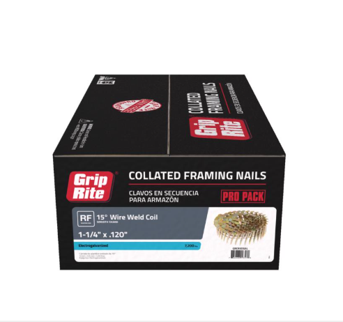 20 - Hand Tools And Tool Accessories / 236 - Decking/Roofing Fasteners / 02 - Pneumatic & Gas Nails SKU:2395036 MFR #: GRCR3DGAL Grip-Rite 1-1/4 in. L X 11 Ga. Angled Coil Electro Galvanized Roofing Nails 15 deg 7200 pk