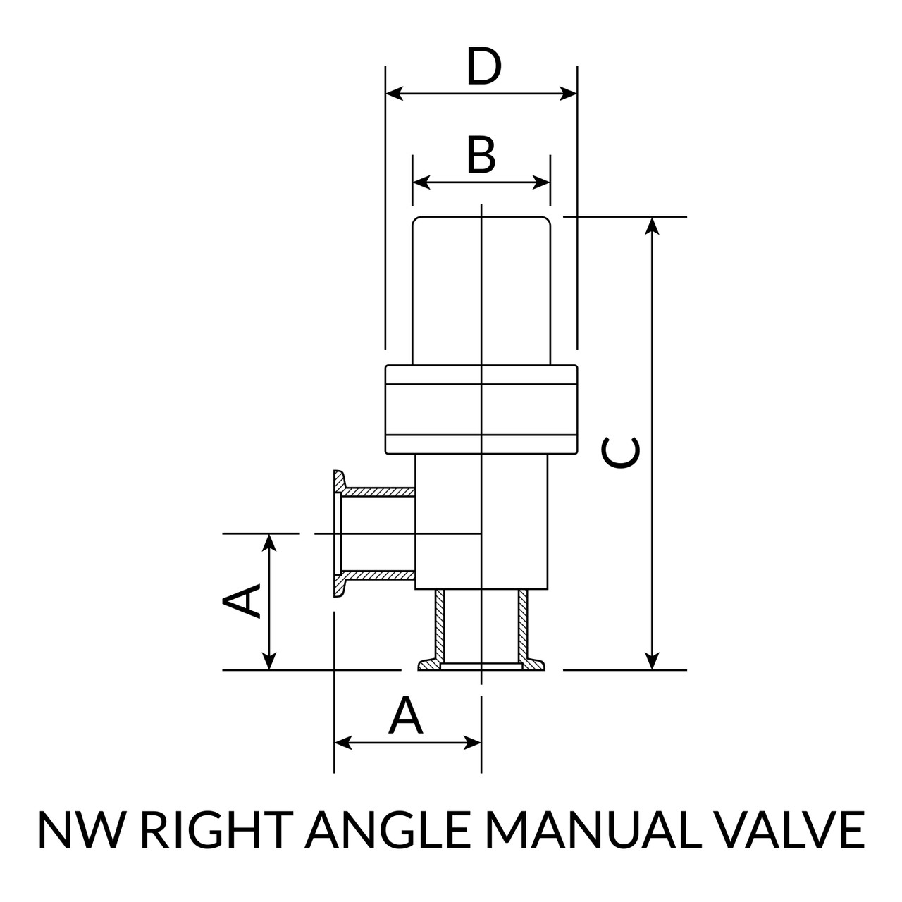NW25 Right Angle Pneumatic Valve Stainless Steel Drawing