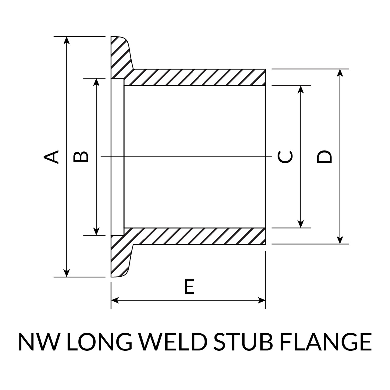 NW25 Long Weld Stub Flange, 1" OD, Aluminum Drawing