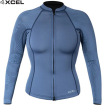 Xcel Womens | Axis Long Sleeve Wetsuit Top | Front Zip | 1.5:1mm Surfing Top | Denim / Palm Monstera Print 