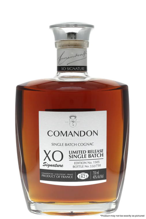 Type: Cognac
Country: France
Size: 750ml
ABV: 40% 

Notes: “COMANDON Cognac XO Signature symbolizes our vision of what represents an outstanding young XO. Many customers mistakenly believe that XO cognacs should necessary be extremely old to be good when in fact it is well known by professionals and spirit fans that older spirits are not necessarily better. XO Signature embodies the characteristics of 'youth' and 'freshness'. While one may recognized that it might not be the smoothest, sweetest and most lingering XO, s/he will eventually notice that in contrast it is very complex and structured. Our XO Signature offers a variety of flavors sometimes fruity, sometimes spicy, and other times flowery depending on the individualized batches but it always exceeds other XO cognacs in its freshness and sharper flavors.” -From the distillers