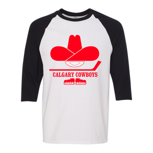 Calgary Cowboys WHA Hockey Raglan Shirt  3/4 Sleeve in White/Black