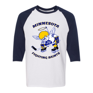 Minnesota Fighting Saints WHA Hockey Raglan Shirt  3/4 Sleeve in White/Navy