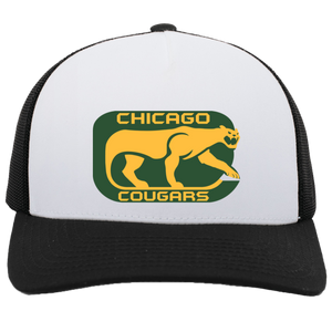 Chicago Cougars WHA Hockey Team Snapback Trucker Cap in White/Black