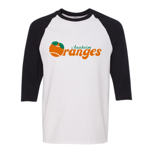 Retro Anaheim Oranges raglan 3/4 sleeve t-shirt featuring vintage WTT tennis team logo in white/black