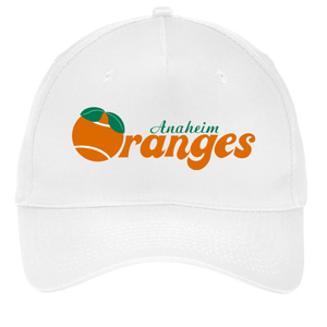 Vintage Anaheim Oranges World Team Tennis twill cap with seamless 5-panel front and retro logo in white
