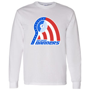 Vintage-style Baltimore Banners WTT long sleeve T-shirt with retro 1970s tennis team logo graphic in white