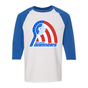Retro Baltimore Banners Raglan 3/4 sleeve t-shirt featuring vintage WTT tennis team logo in white/royal blue