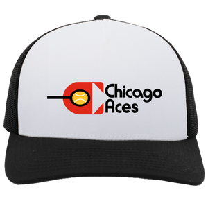 Vintage Chicago Aces World Team Tennis trucker cap with seamless 5-panel front and retro logo in white/black